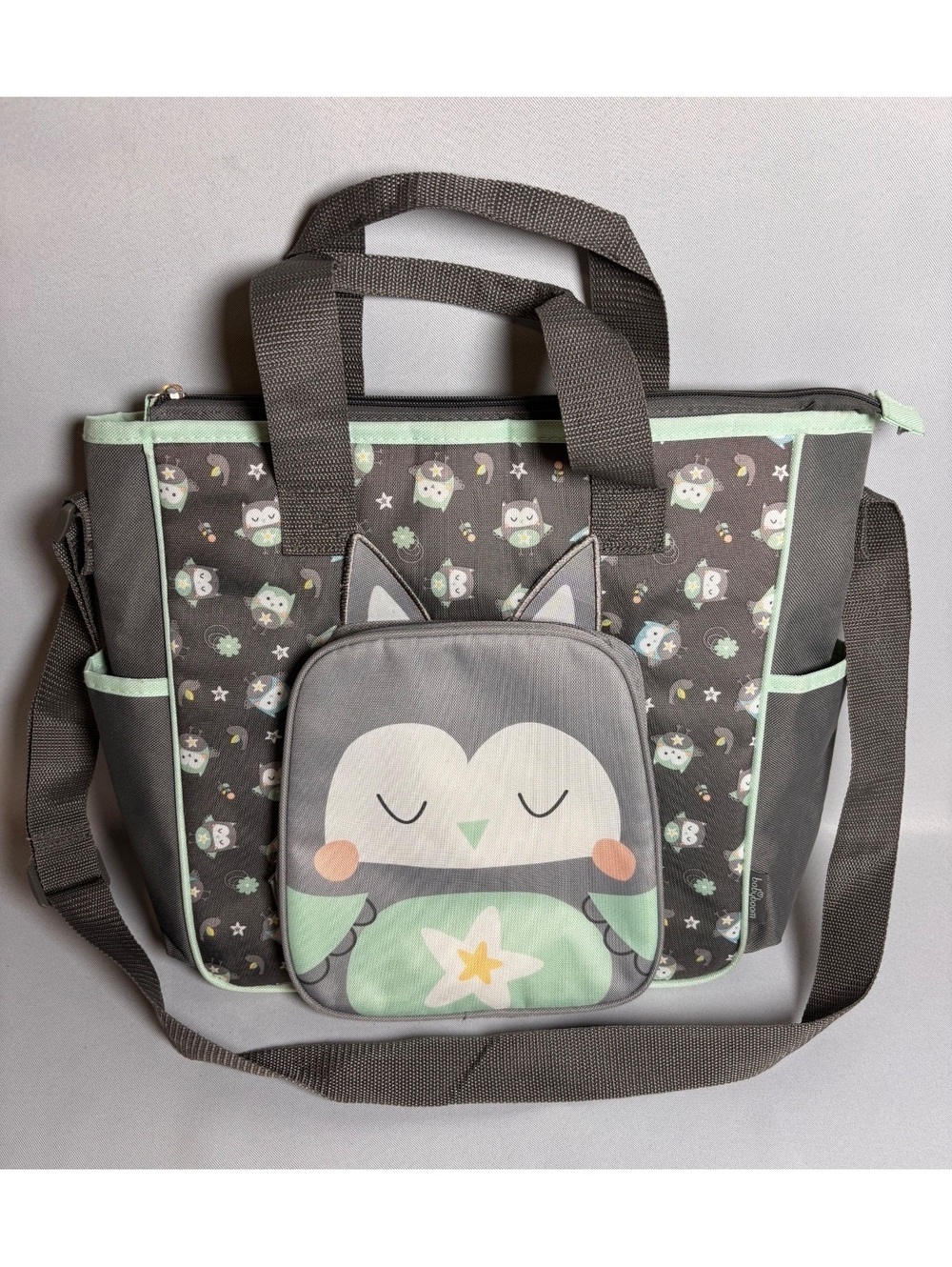 Baby Boom Gray and Mint Owl Print Diaper Bag with Changing Pad